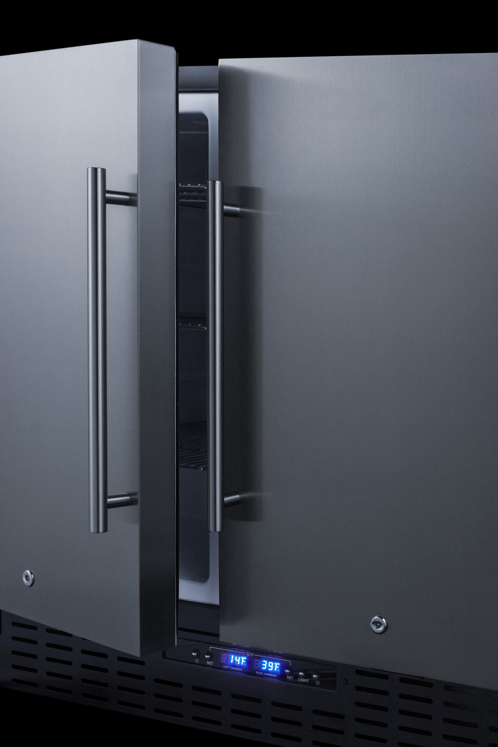 Commercially approved, frost-free, side-by-side refrigerator-freezer for built-in or freestanding use with two stainless steel doors, black cabinet, front-placed digital controls, and front locks